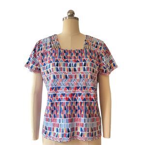 Rafaella Women's L Multicolor Geometric Square Neck Short Sleeve Top